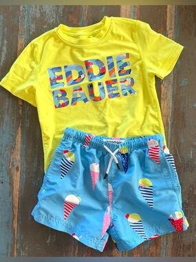 Eddie Bauer Rash Guard +
Maamgic Blue Ice Cream Print Swim Shorts 5 6